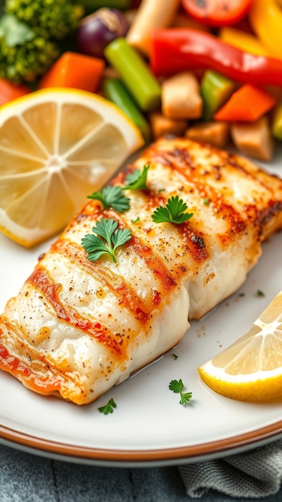 Pan-seared tilapia fillet garnished with parsley and lemon, served with vegetables.